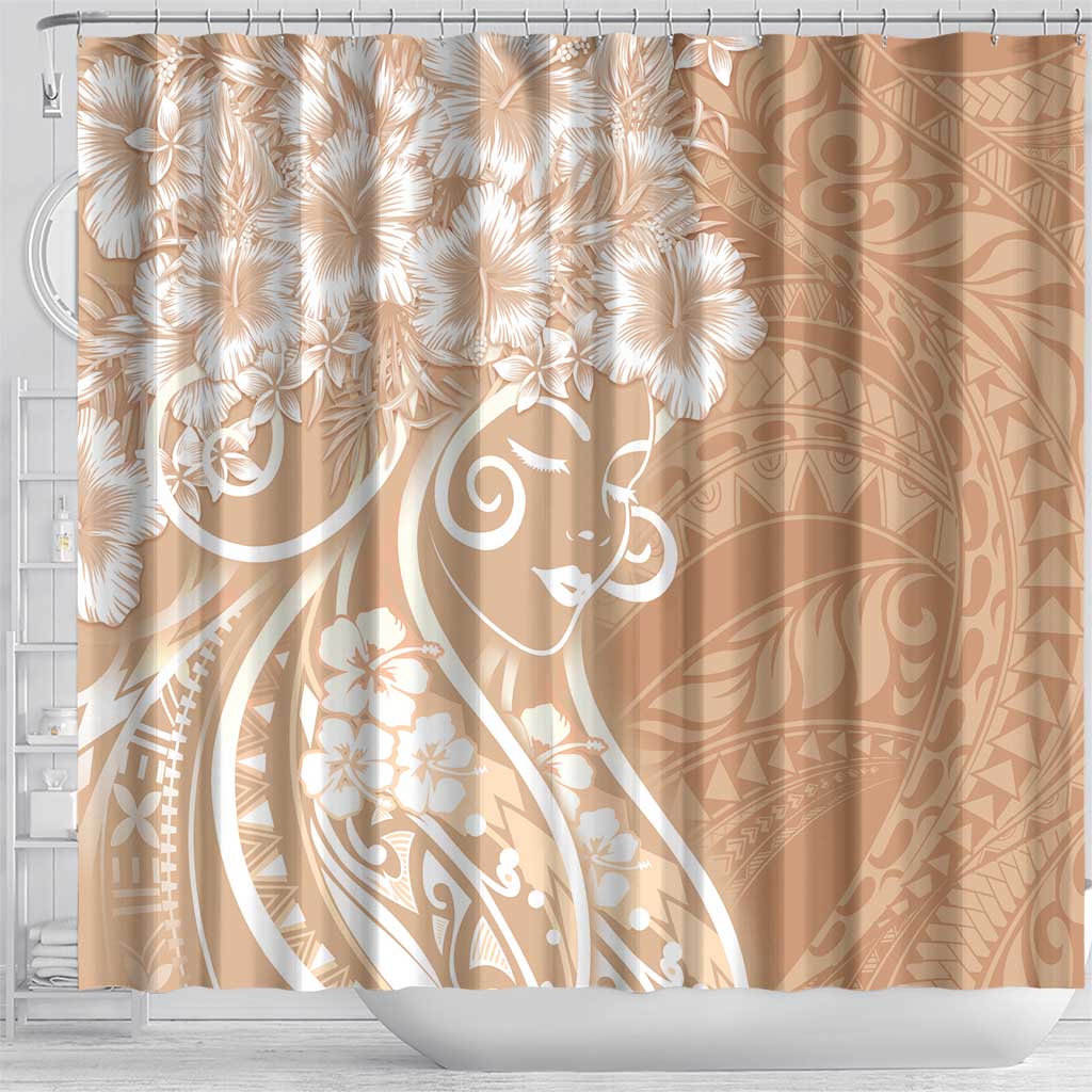 Polynesian Women's Day Shower Curtain Brown Hibiscus Flowers With Polynesian Pattern