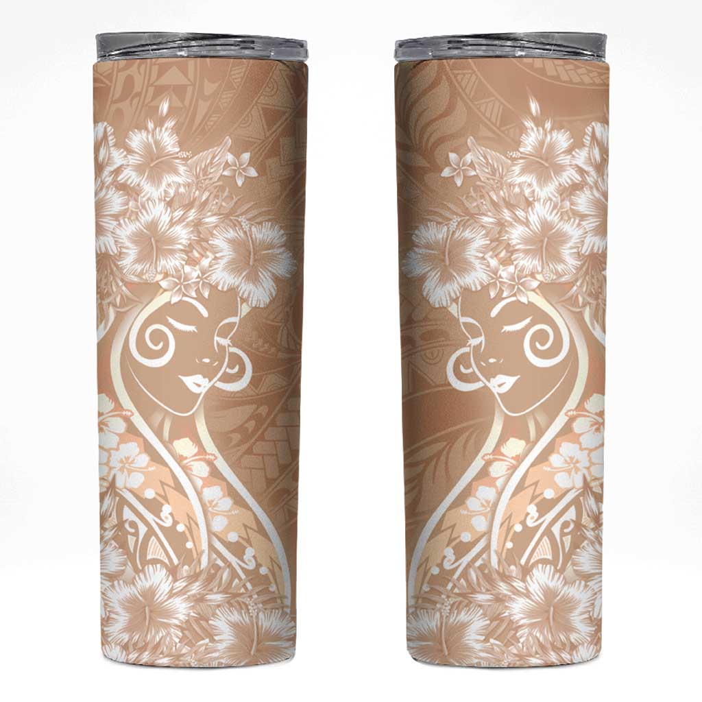 Polynesian Women's Day Skinny Tumbler Brown Hibiscus Flowers With Polynesian Pattern LT05 Brown - Polynesian Pride