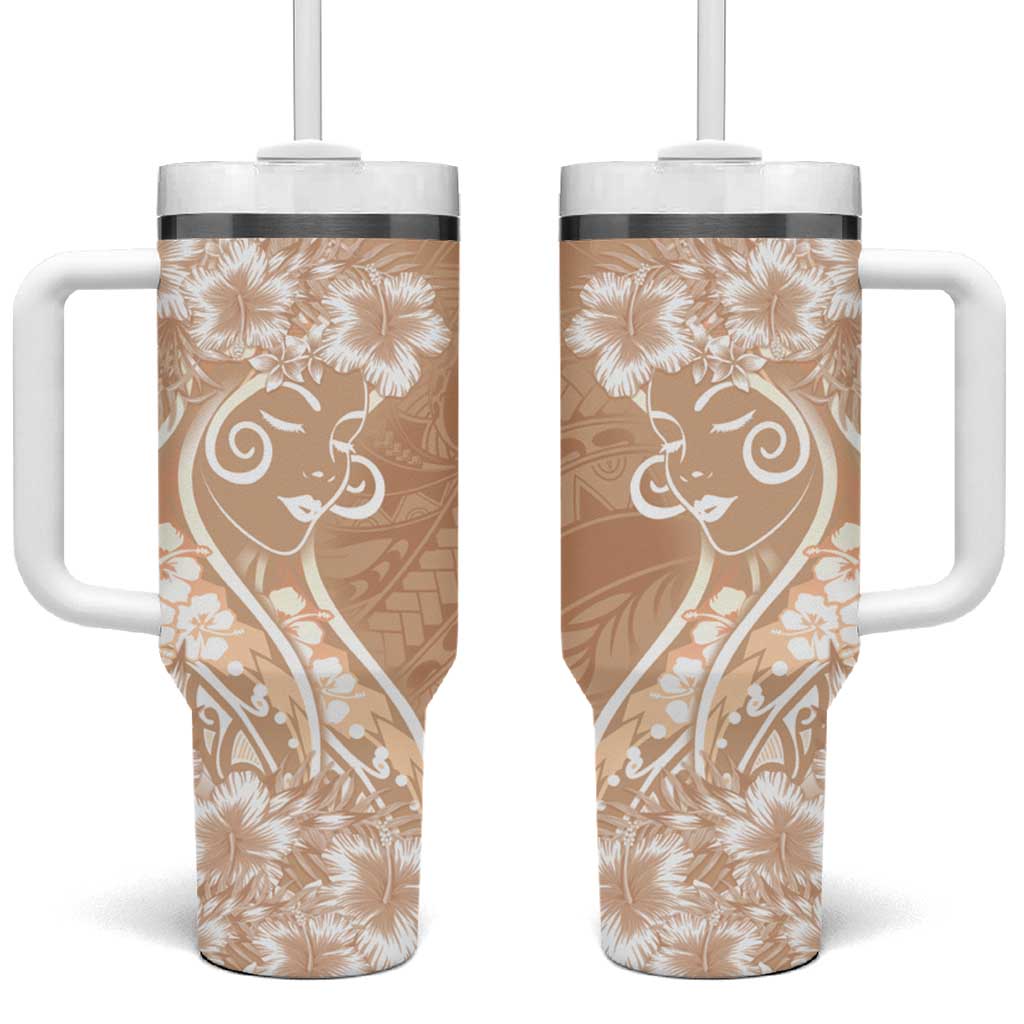 Polynesian Women's Day Tumbler With Handle Brown Hibiscus Flowers With Polynesian Pattern LT05 One Size: 40 oz Brown - Polynesian Pride