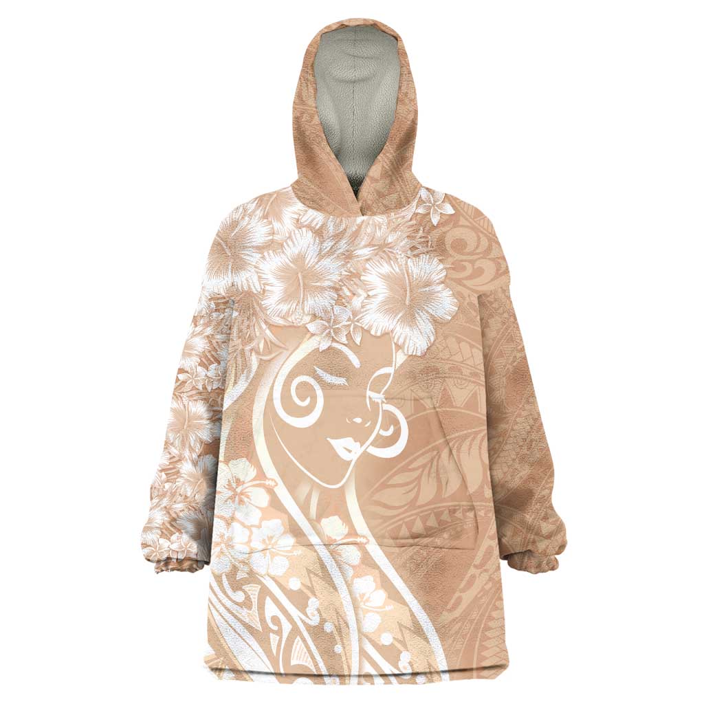 Polynesian Women's Day Wearable Blanket Hoodie Brown Hibiscus Flowers With Polynesian Pattern