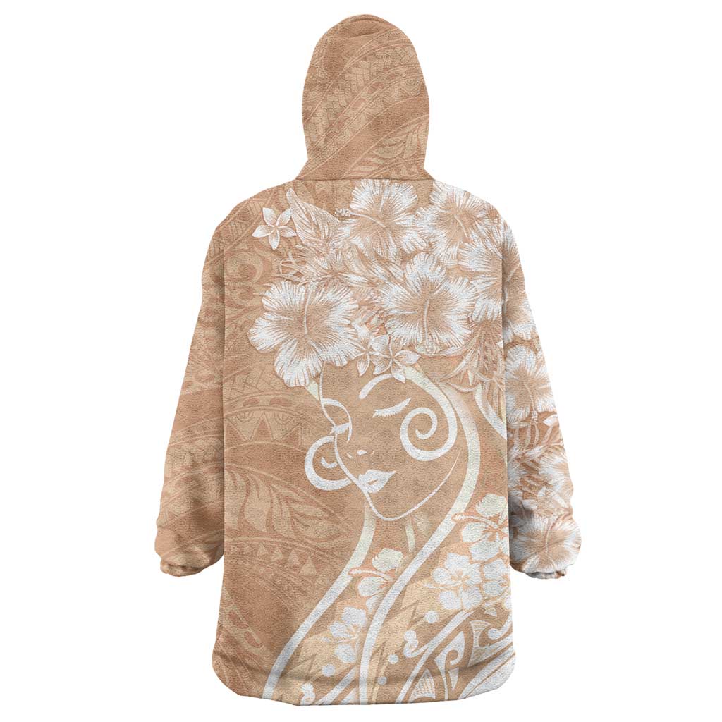 Polynesian Women's Day Wearable Blanket Hoodie Brown Hibiscus Flowers With Polynesian Pattern