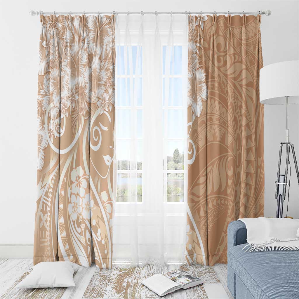 Polynesian Women's Day Window Curtain Brown Hibiscus Flowers With Polynesian Pattern