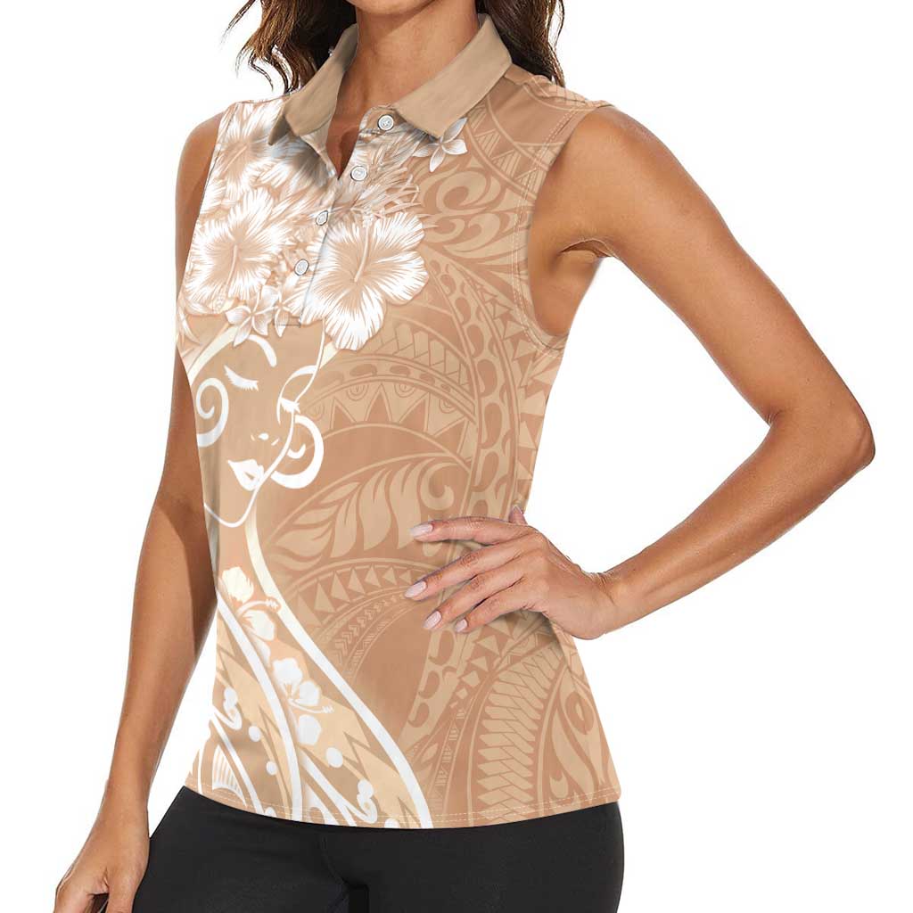 Polynesian Women's Day Women Sleeveless Polo Shirt Brown Hibiscus Flowers With Polynesian Pattern LT05 - Polynesian Pride