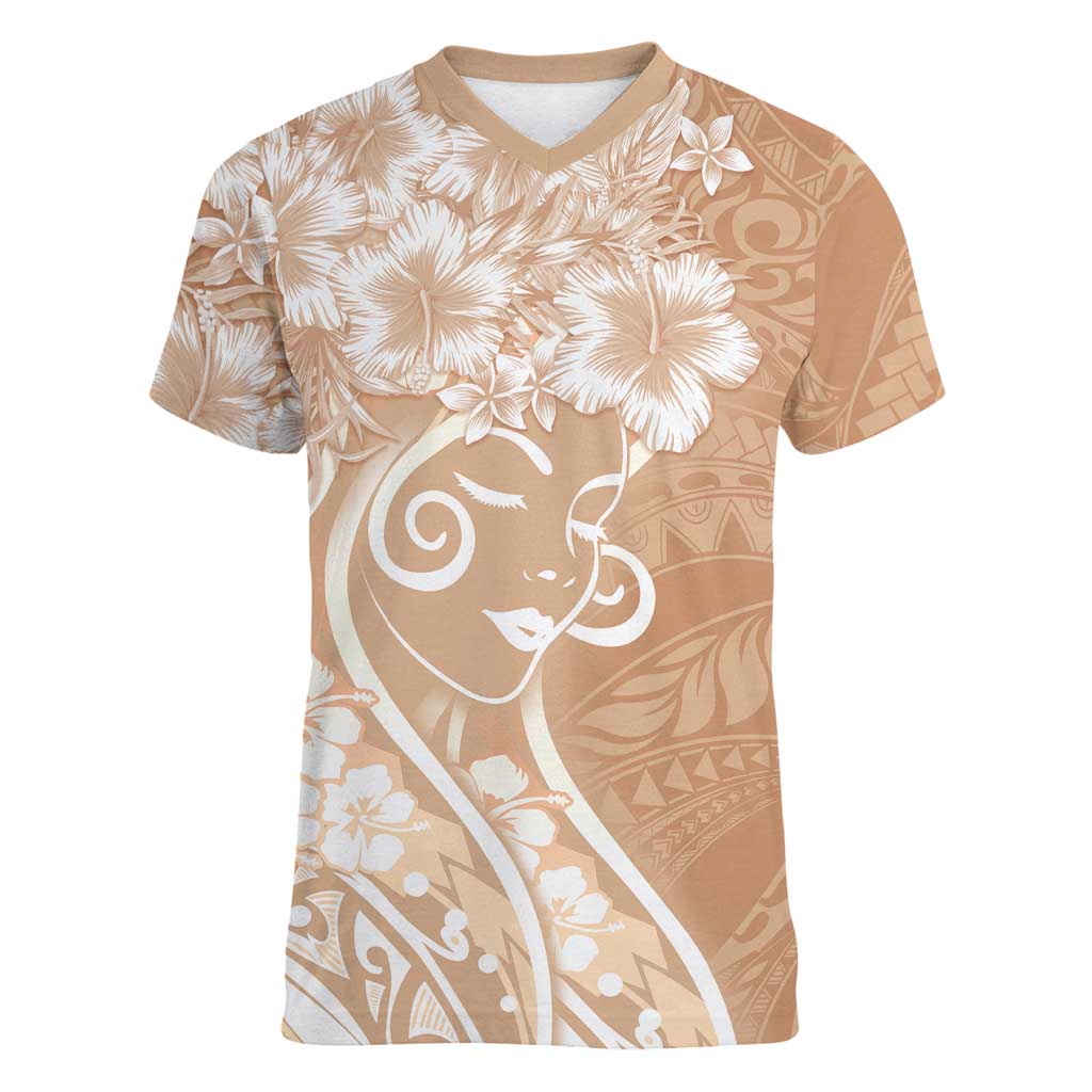 Polynesian Women's Day Women V-Neck T-Shirt Brown Hibiscus Flowers With Polynesian Pattern