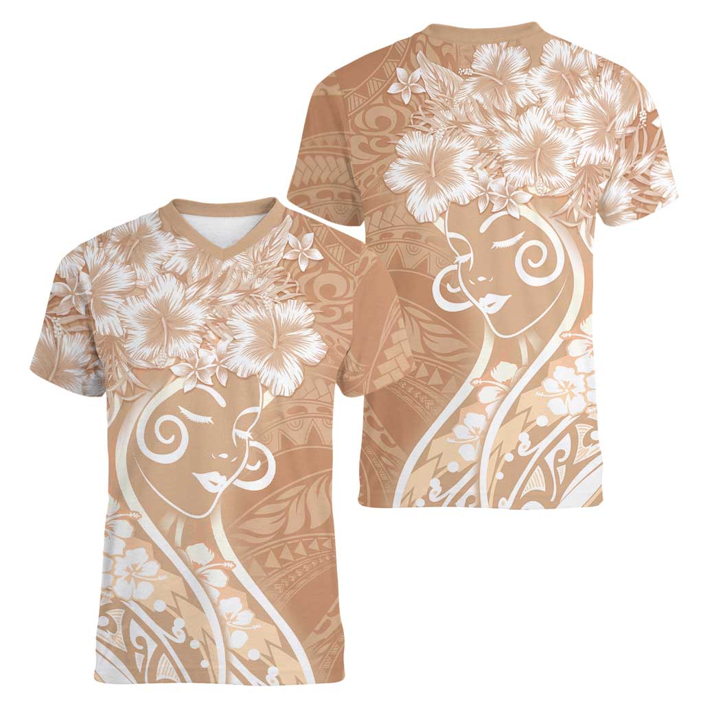 Polynesian Women's Day Women V-Neck T-Shirt Brown Hibiscus Flowers With Polynesian Pattern