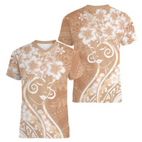 Polynesian Women's Day Women V-Neck T-Shirt Brown Hibiscus Flowers With Polynesian Pattern