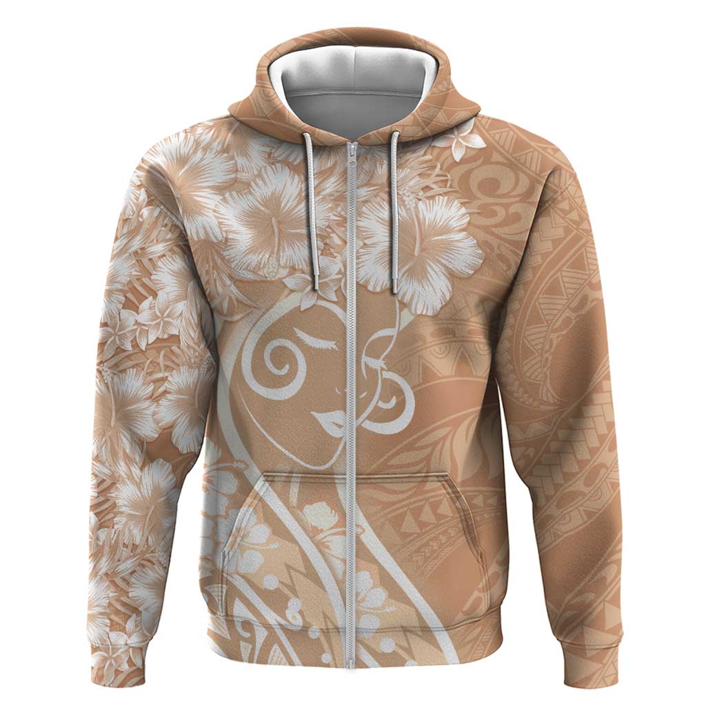 Polynesian Women's Day Zip Hoodie Brown Hibiscus Flowers With Polynesian Pattern LT05 Zip Hoodie Brown - Polynesian Pride