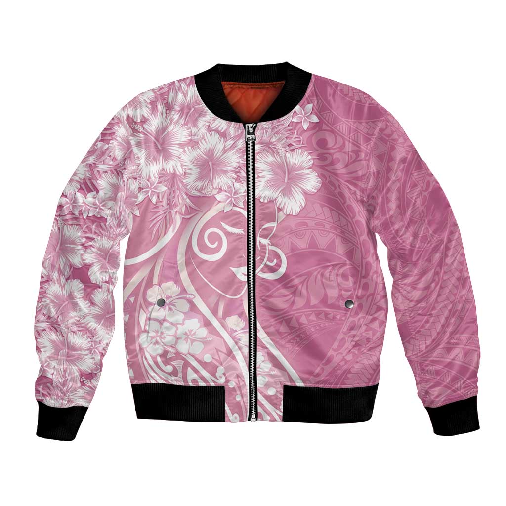 Polynesian Women's Day Bomber Jacket Pink Hibiscus Flowers With Polynesian Pattern LT05 Unisex Pink - Polynesian Pride