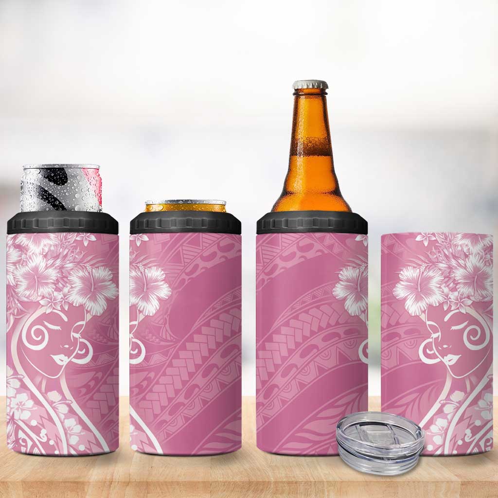 Polynesian Women's Day 4 in 1 Can Cooler Tumbler Pink Hibiscus Flowers With Polynesian Pattern