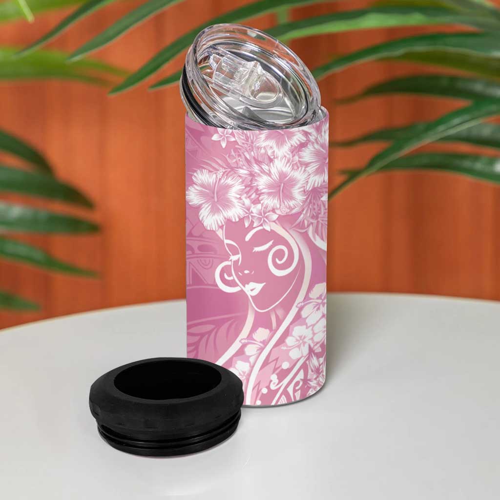 Polynesian Women's Day 4 in 1 Can Cooler Tumbler Pink Hibiscus Flowers With Polynesian Pattern