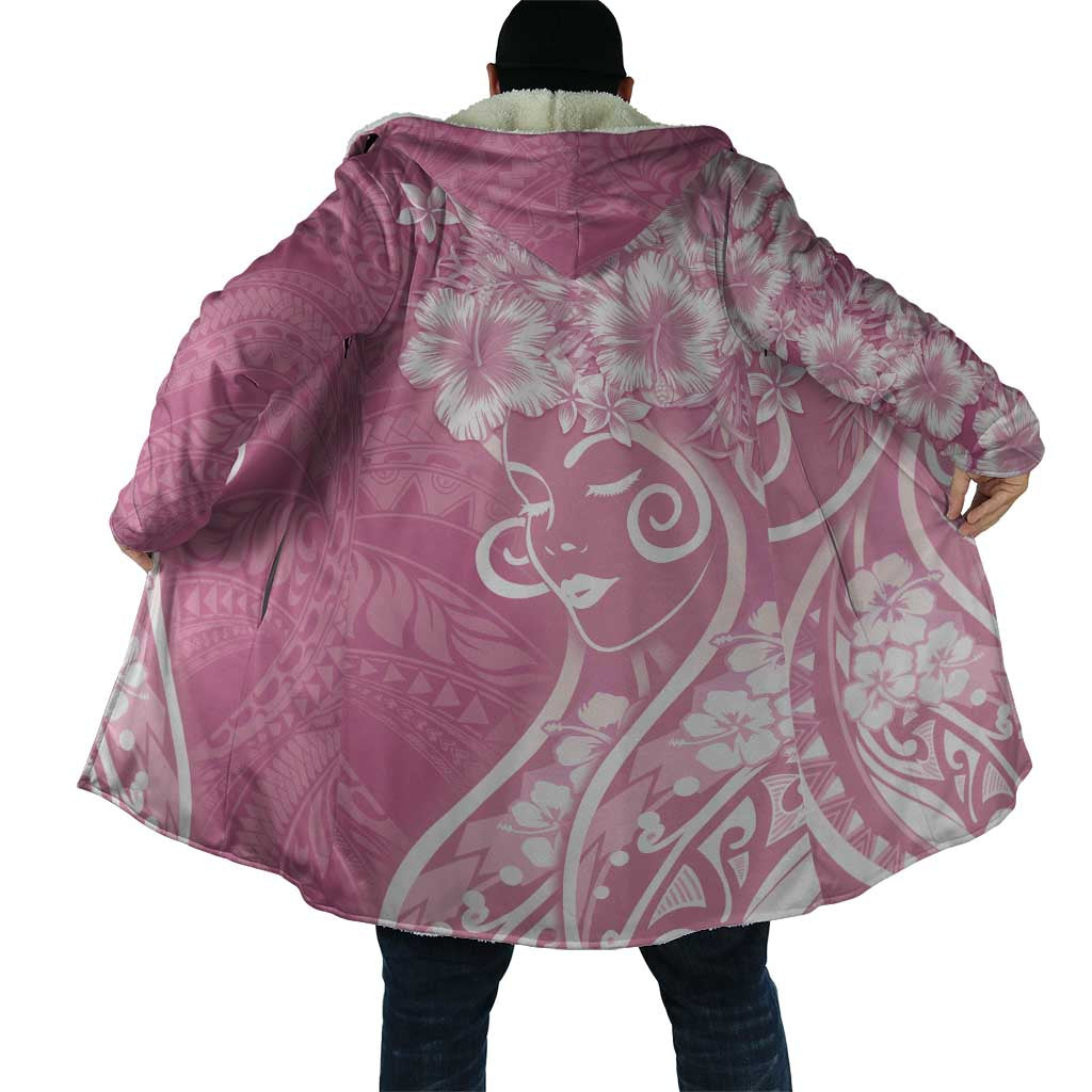 Polynesian Women's Day Cloak Pink Hibiscus Flowers With Polynesian Pattern