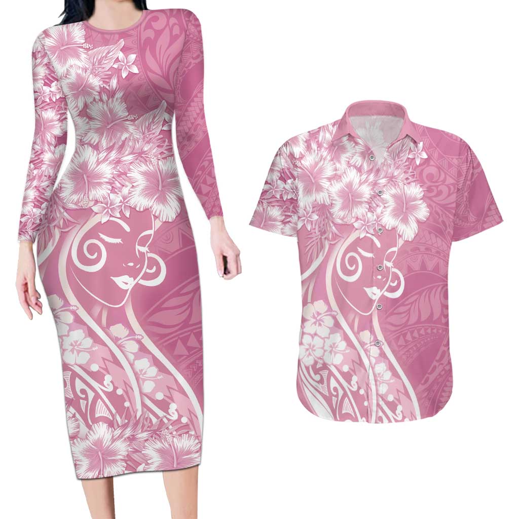 Polynesian Women's Day Couples Matching Long Sleeve Bodycon Dress and Hawaiian Shirt Pink Hibiscus Flowers With Polynesian Pattern