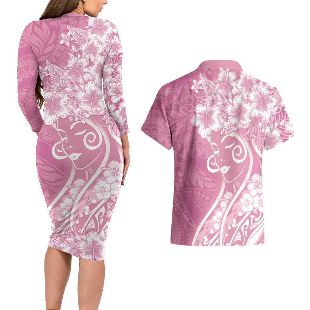 Polynesian Women's Day Couples Matching Long Sleeve Bodycon Dress and Hawaiian Shirt Pink Hibiscus Flowers With Polynesian Pattern