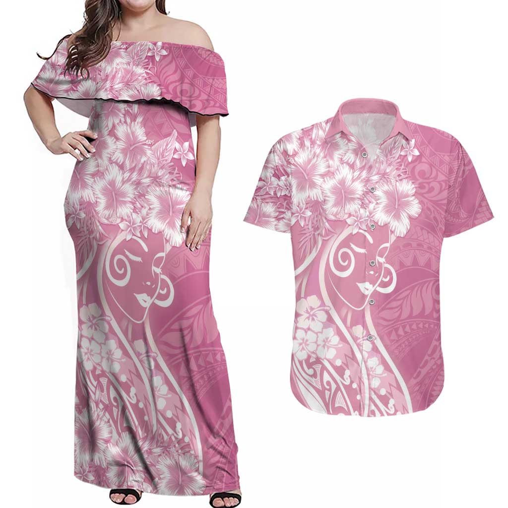 Polynesian Women's Day Couples Matching Off Shoulder Maxi Dress and Hawaiian Shirt Pink Hibiscus Flowers With Polynesian Pattern