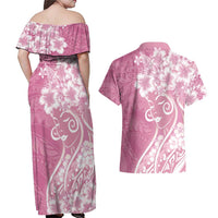 Polynesian Women's Day Couples Matching Off Shoulder Maxi Dress and Hawaiian Shirt Pink Hibiscus Flowers With Polynesian Pattern