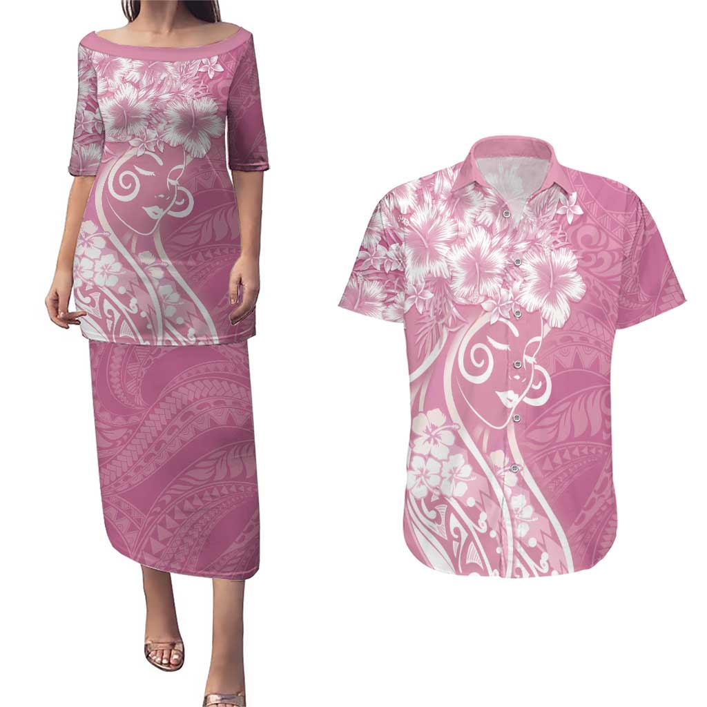 Polynesian Women's Day Couples Matching Puletasi and Hawaiian Shirt Pink Hibiscus Flowers With Polynesian Pattern LT05 Pink - Polynesian Pride