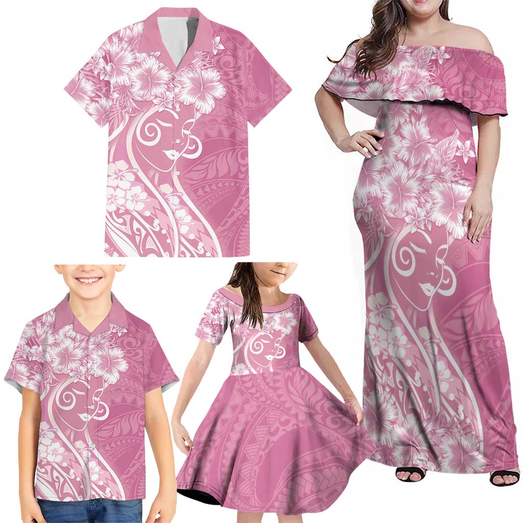 Polynesian Women's Day Family Matching Off Shoulder Maxi Dress and Hawaiian Shirt Pink Hibiscus Flowers With Polynesian Pattern LT05 - Polynesian Pride