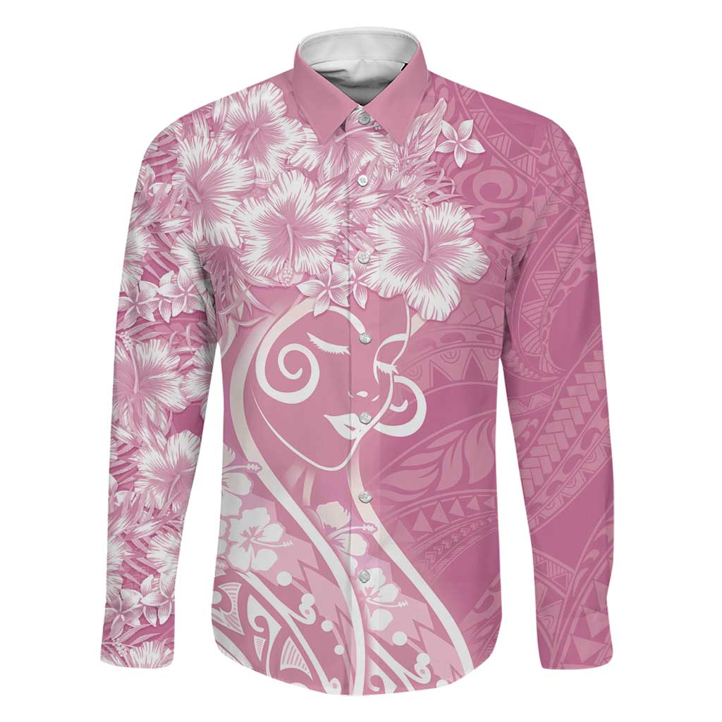 Polynesian Women's Day Family Matching Off Shoulder Maxi Dress and Hawaiian Shirt Pink Hibiscus Flowers With Polynesian Pattern LT05 Dad's Shirt - Long Sleeve Pink - Polynesian Pride