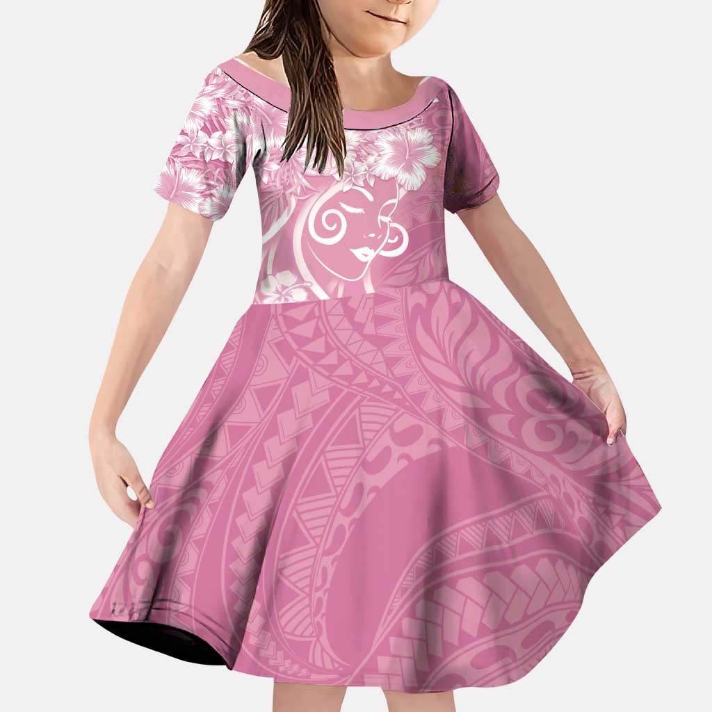 Polynesian Women's Day Family Matching Puletasi and Hawaiian Shirt Pink Hibiscus Flowers With Polynesian Pattern LT05 Daughter's Dress Pink - Polynesian Pride