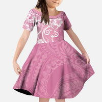 Polynesian Women's Day Kid Short Sleeve Dress Pink Hibiscus Flowers With Polynesian Pattern LT05 KID Pink - Polynesian Pride