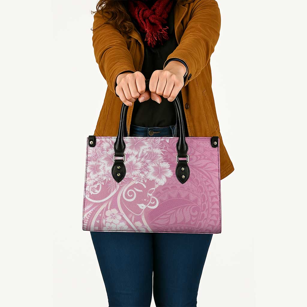 Polynesian Women's Day Leather Bag Pink Hibiscus Flowers With Polynesian Pattern