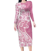 Polynesian Women's Day Long Sleeve Bodycon Dress Pink Hibiscus Flowers With Polynesian Pattern LT05 Long Dress Pink - Polynesian Pride