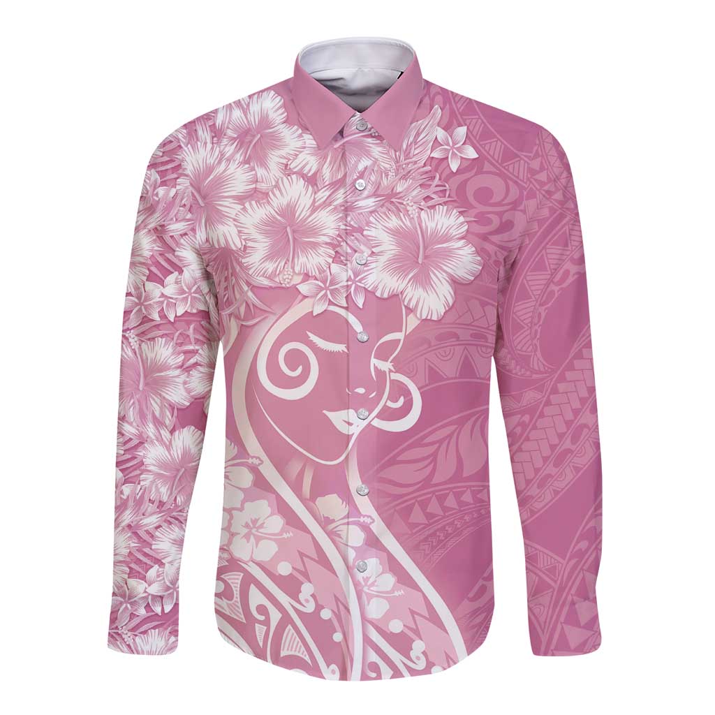 Polynesian Women's Day Long Sleeve Button Shirt Pink Hibiscus Flowers With Polynesian Pattern