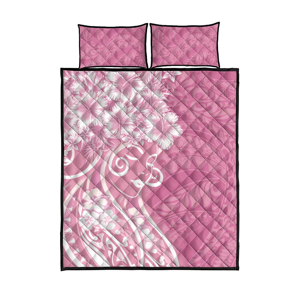 Polynesian Women's Day Quilt Bed Set Pink Hibiscus Flowers With Polynesian Pattern