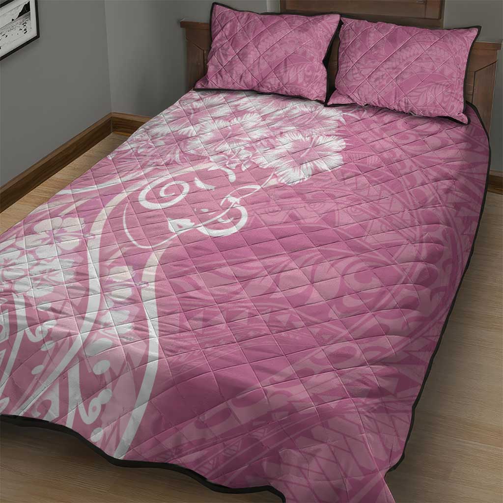 Polynesian Women's Day Quilt Bed Set Pink Hibiscus Flowers With Polynesian Pattern