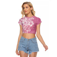 Polynesian Women's Day Raglan Cropped T Shirt Pink Hibiscus Flowers With Polynesian Pattern