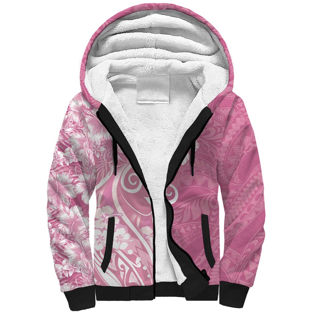 Polynesian Women's Day Sherpa Hoodie Pink Hibiscus Flowers With Polynesian Pattern