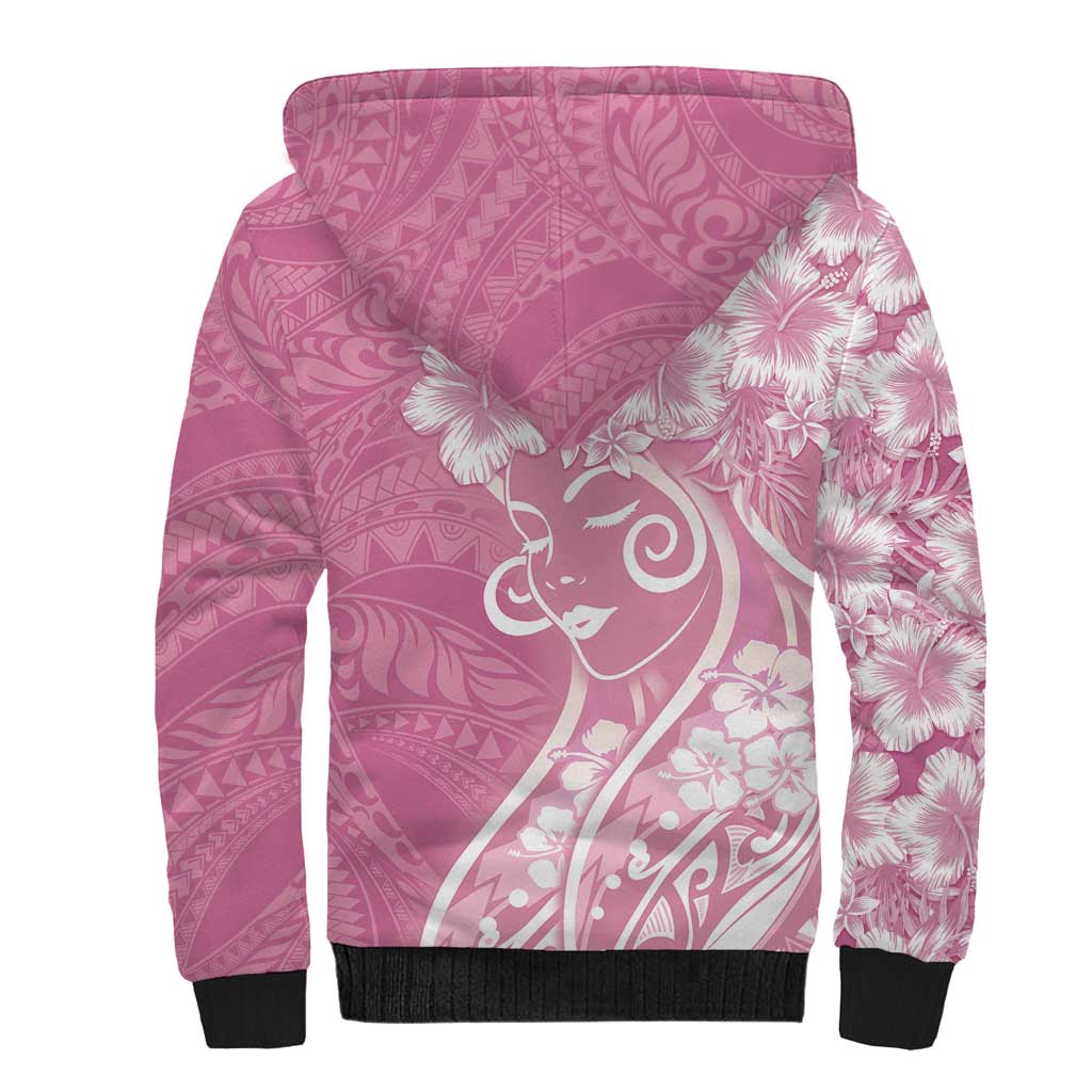 Polynesian Women's Day Sherpa Hoodie Pink Hibiscus Flowers With Polynesian Pattern