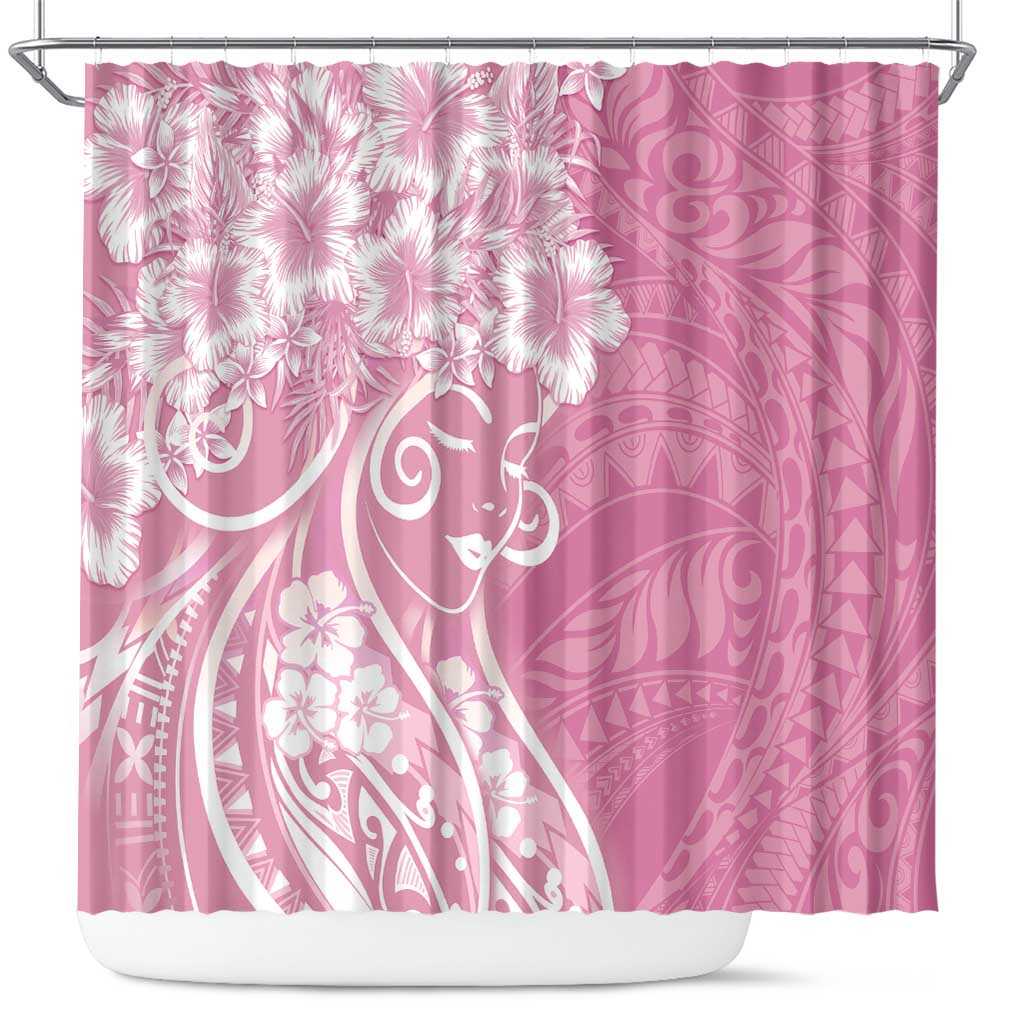 Polynesian Women's Day Shower Curtain Pink Hibiscus Flowers With Polynesian Pattern