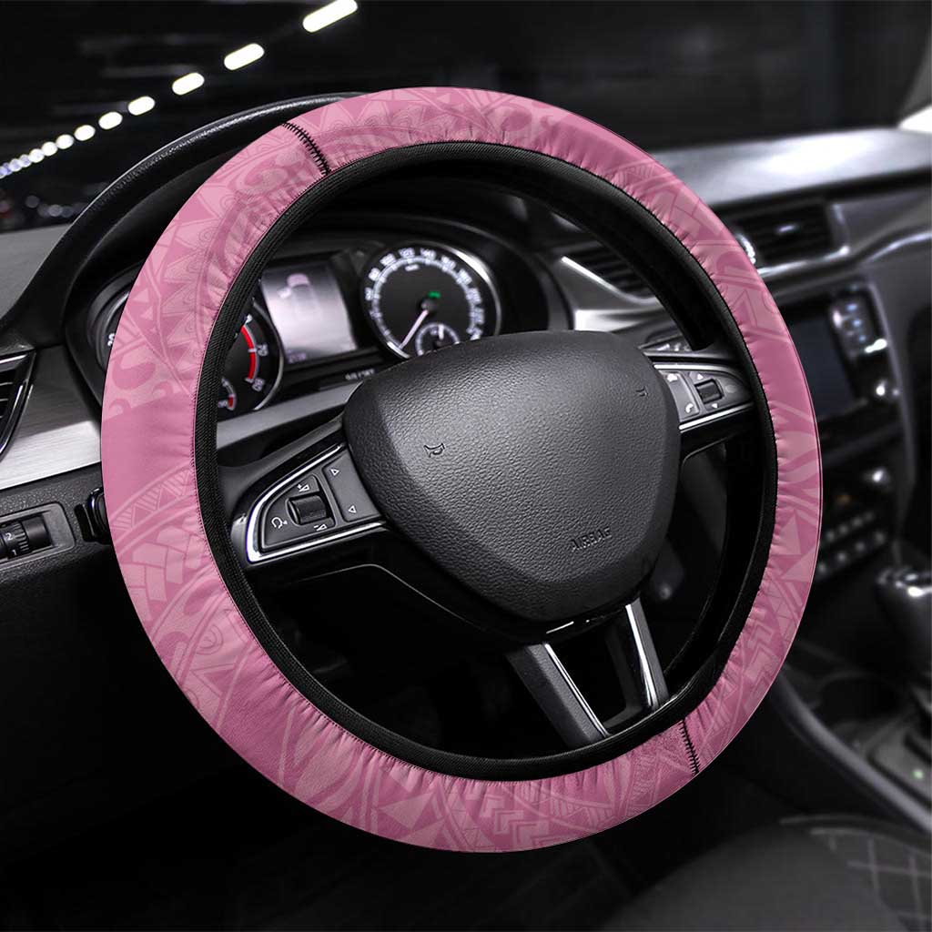 Polynesian Women's Day Steering Wheel Cover Pink Hibiscus Flowers With Polynesian Pattern