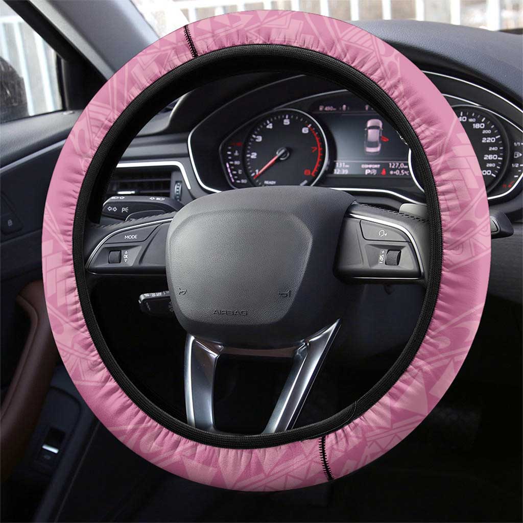 Polynesian Women's Day Steering Wheel Cover Pink Hibiscus Flowers With Polynesian Pattern