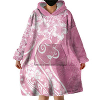 Polynesian Women's Day Wearable Blanket Hoodie Pink Hibiscus Flowers With Polynesian Pattern LT05 - Polynesian Pride