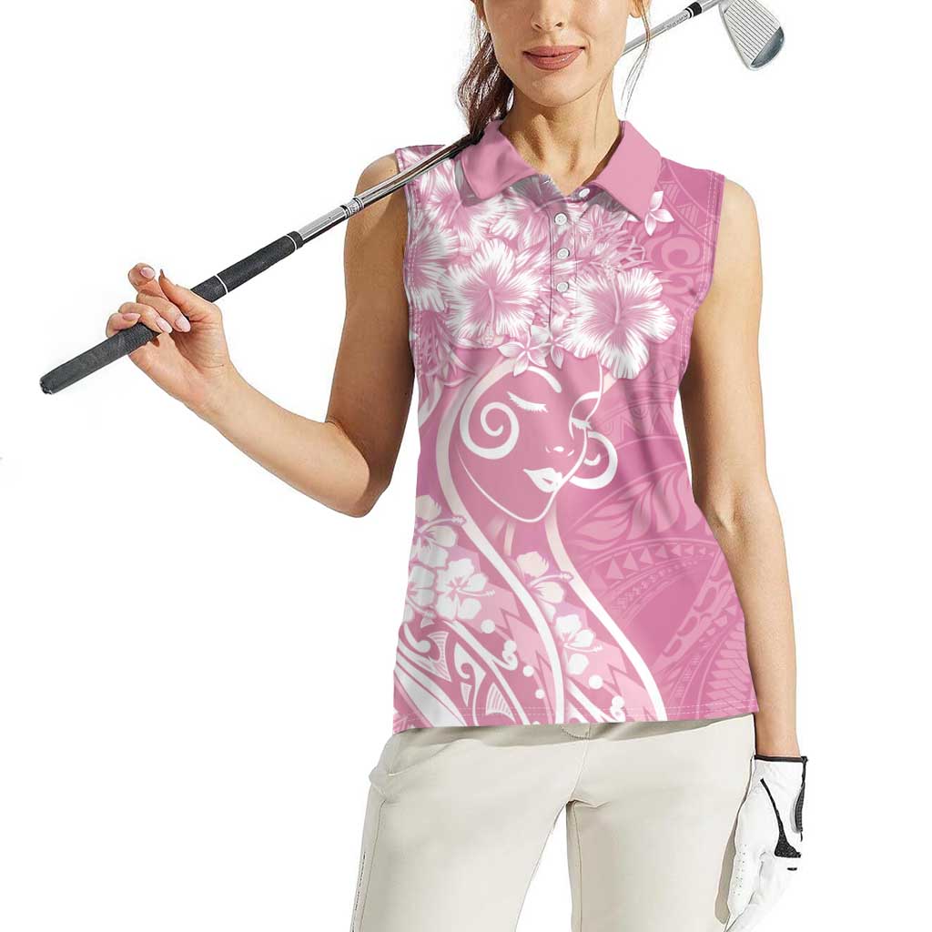 Polynesian Women's Day Women Sleeveless Polo Shirt Pink Hibiscus Flowers With Polynesian Pattern LT05 - Polynesian Pride