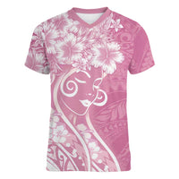 Polynesian Women's Day Women V-Neck T-Shirt Pink Hibiscus Flowers With Polynesian Pattern LT05 Female Pink - Polynesian Pride