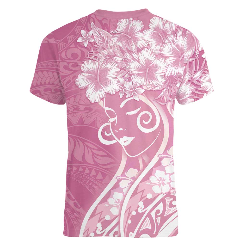 Polynesian Women's Day Women V-Neck T-Shirt Pink Hibiscus Flowers With Polynesian Pattern LT05 - Polynesian Pride