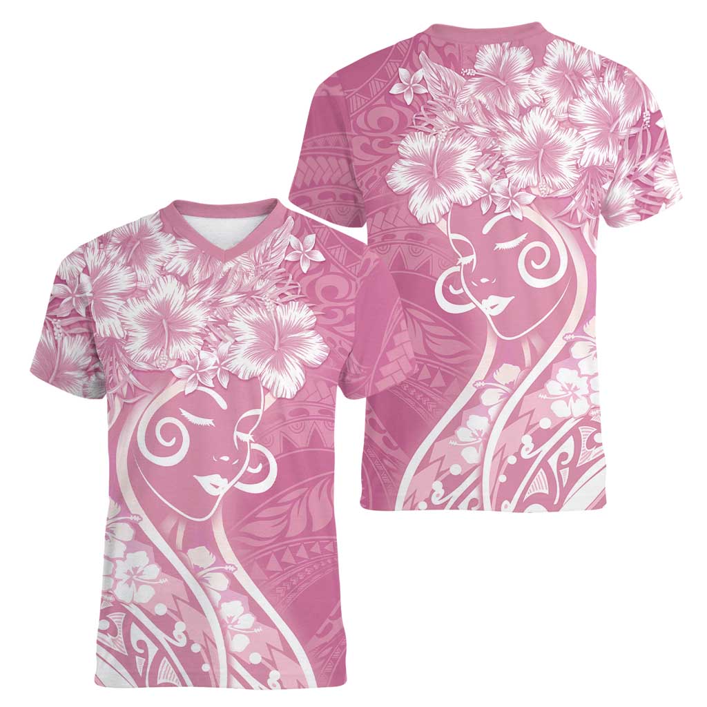 Polynesian Women's Day Women V-Neck T-Shirt Pink Hibiscus Flowers With Polynesian Pattern LT05 - Polynesian Pride