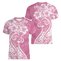 Polynesian Women's Day Women V-Neck T-Shirt Pink Hibiscus Flowers With Polynesian Pattern LT05 - Polynesian Pride