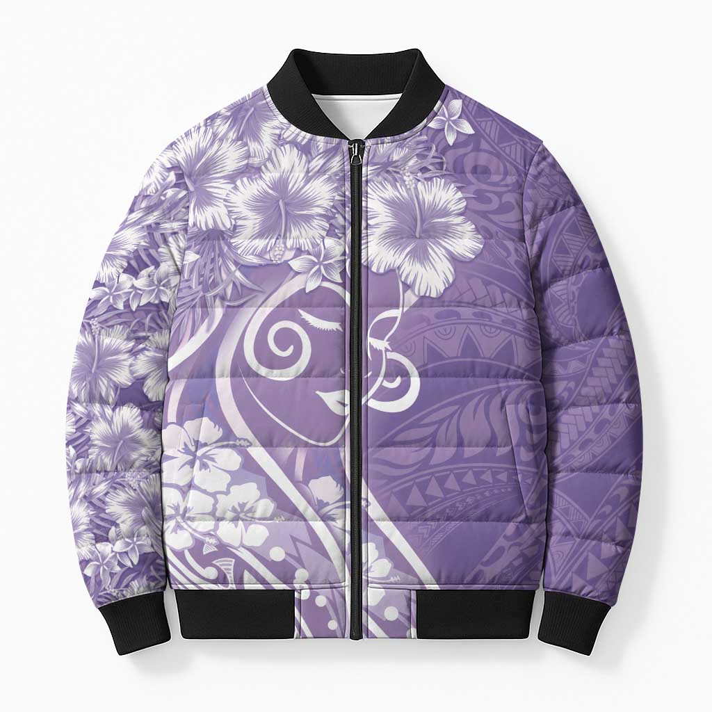 Polynesian Women's Day Bomber Puffer Jacket Purple Hibiscus Flowers With Polynesian Pattern