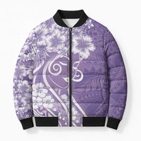 Polynesian Women's Day Bomber Puffer Jacket Purple Hibiscus Flowers With Polynesian Pattern