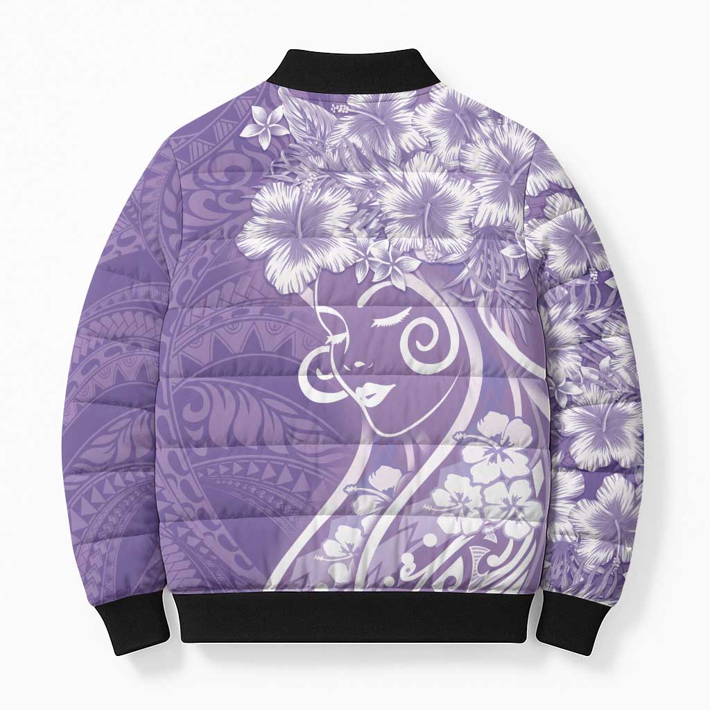Polynesian Women's Day Bomber Puffer Jacket Purple Hibiscus Flowers With Polynesian Pattern
