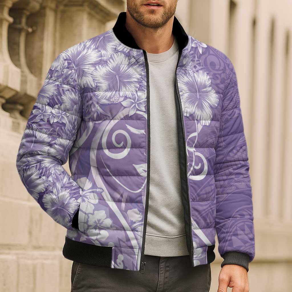 Polynesian Women's Day Bomber Puffer Jacket Purple Hibiscus Flowers With Polynesian Pattern