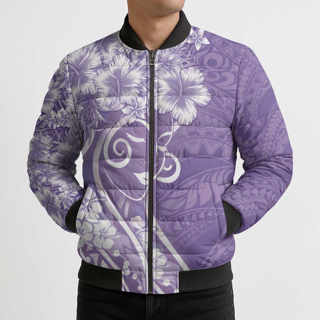 Polynesian Women's Day Bomber Puffer Jacket Purple Hibiscus Flowers With Polynesian Pattern