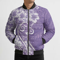 Polynesian Women's Day Bomber Puffer Jacket Purple Hibiscus Flowers With Polynesian Pattern