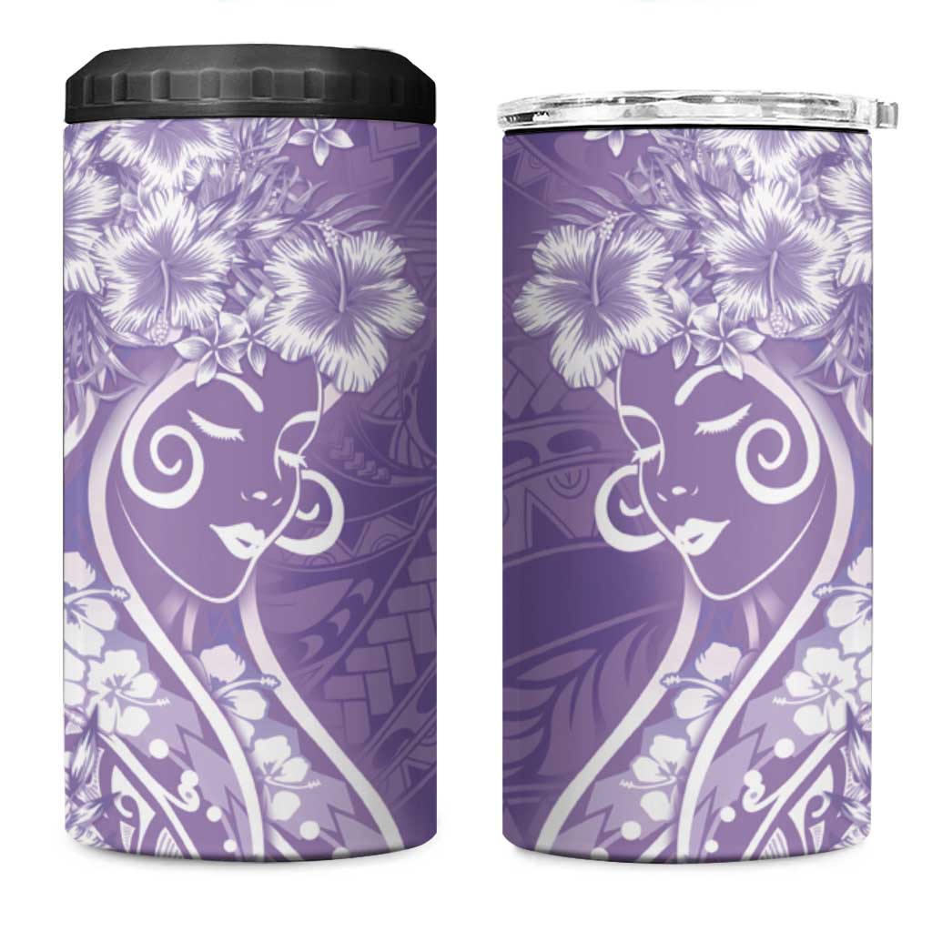 Polynesian Women's Day 4 in 1 Can Cooler Tumbler Purple Hibiscus Flowers With Polynesian Pattern