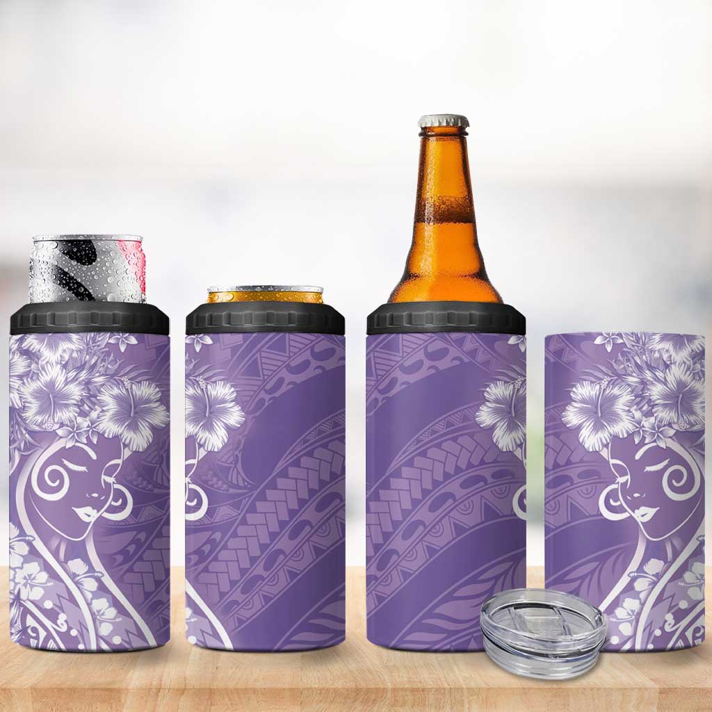 Polynesian Women's Day 4 in 1 Can Cooler Tumbler Purple Hibiscus Flowers With Polynesian Pattern