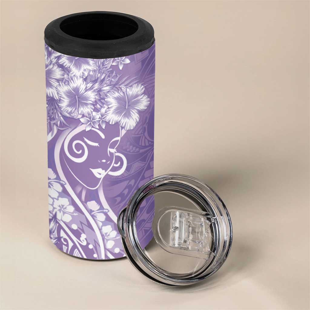 Polynesian Women's Day 4 in 1 Can Cooler Tumbler Purple Hibiscus Flowers With Polynesian Pattern
